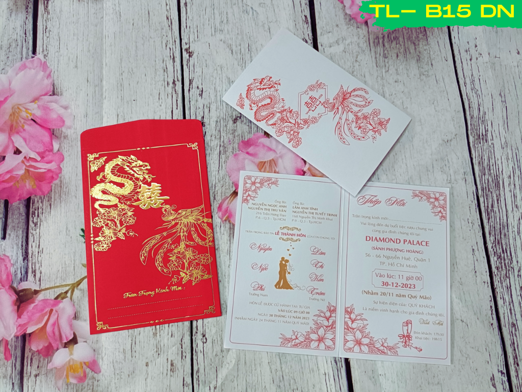 Mẫu phôi thiệp cưới Đỏ Nhung Ép Kim Vàng rộng phụng Túi Đứng Lớn mã  TL-B15-DN