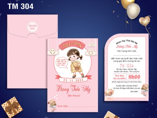 Phôi sinh nhật bé gái hồng đeo túi TM-304