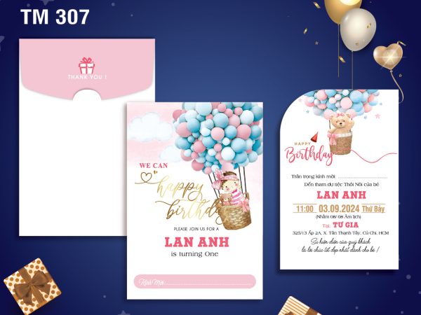 Phôi sinh nhật bé gái hồng bong bóng TM-307