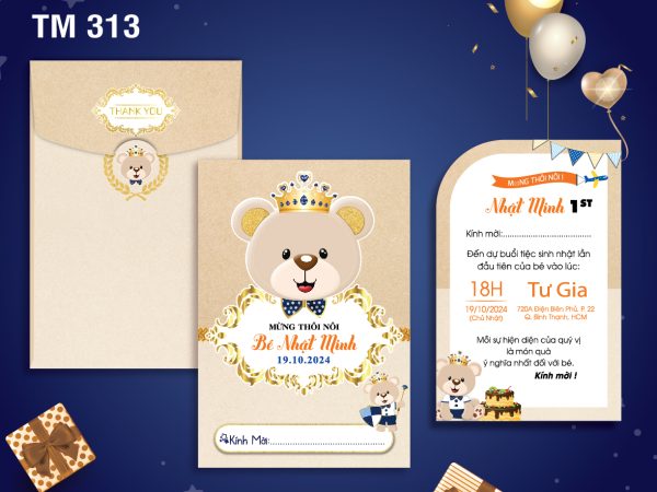 Phôi sinh nhật bé trai offset màu Kraft chú gấuTM-313