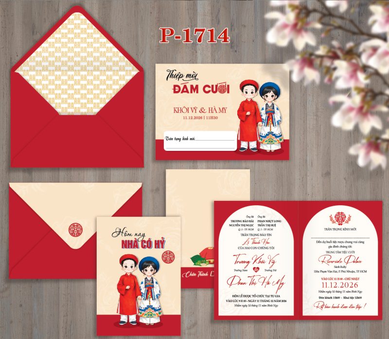 Mẫu phôi thiệp cưới offset dày đẹp đỏ hồng chibi dâu rể xưa